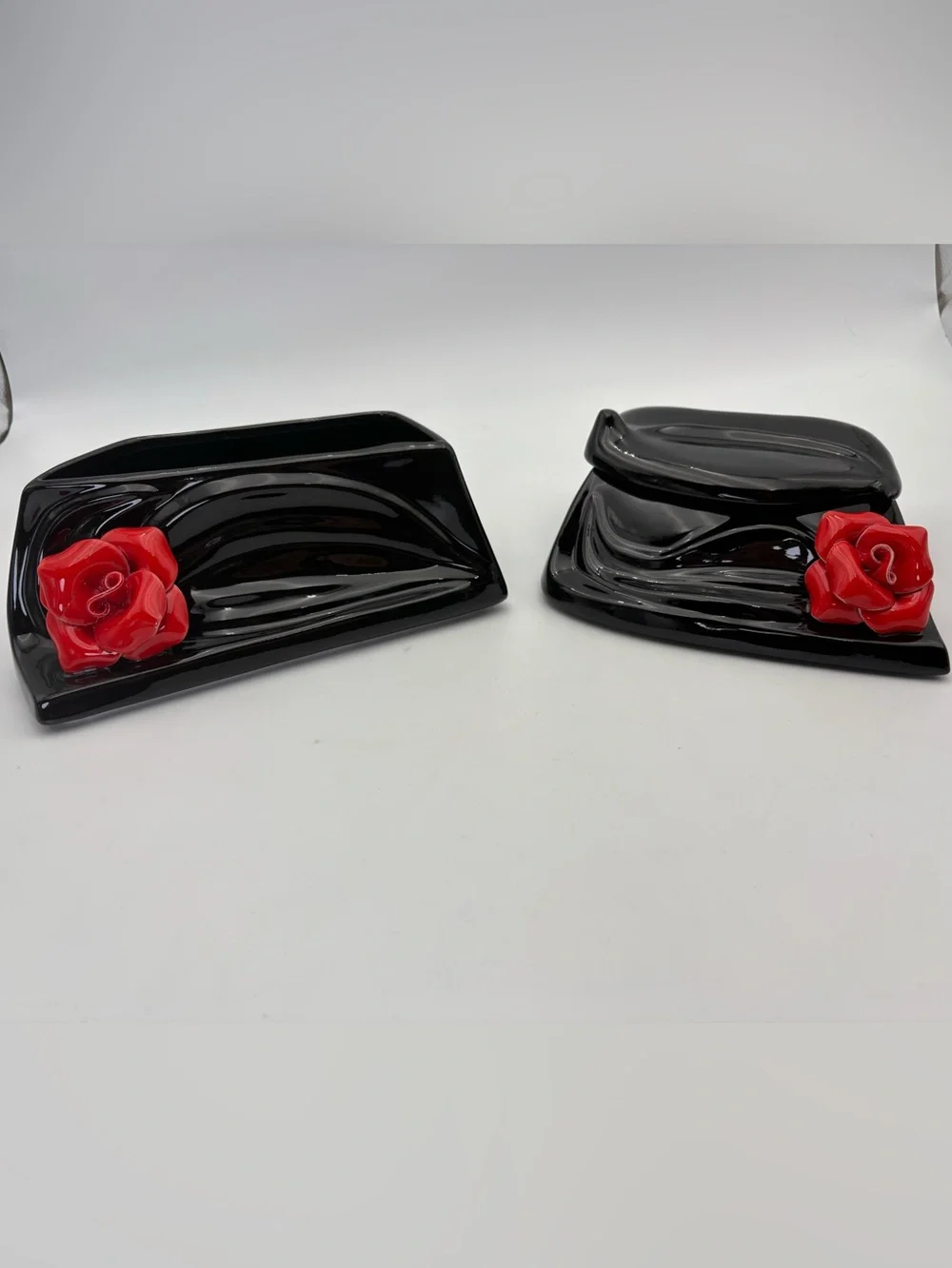 Art Deco Style Black Ceramic and Red Rose Lidded Box and Open Container